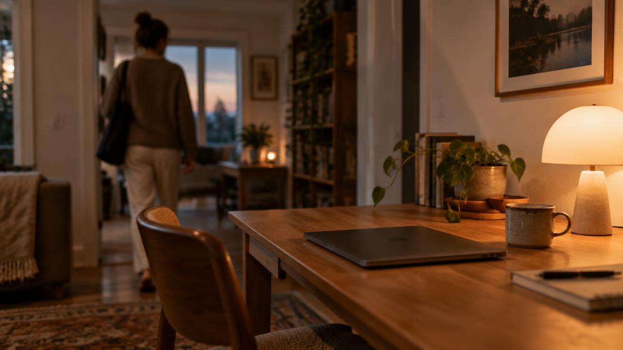 Laptop wird am Küchentisch am Abend zugeklappt, daneben eine Tasse Tee